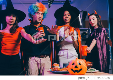 Joyful office Halloween party with coworkers in costumes, celebrating with drinks and laughter, fostering teamwork and festive spirit 119390980