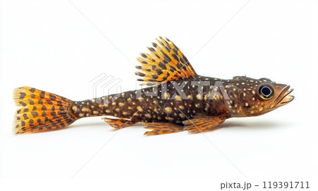 This Clown Pleco displays its striking patterns and bright orange fins while swimming making it an ideal subject for fish enthusiasts and aquarists alike. 119391711
