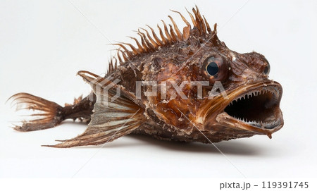 anglerfish displays its unique morphology with sharp teeth and bioluminescent lure highlighting adaptations for survival in deep ocean habitats. 119391745