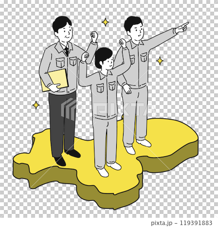 岐阜県で働くイメージイラスト、笑顔の作業服の男女 岐阜県で働くイメージイラスト、笑顔の作業服の男女 119391883