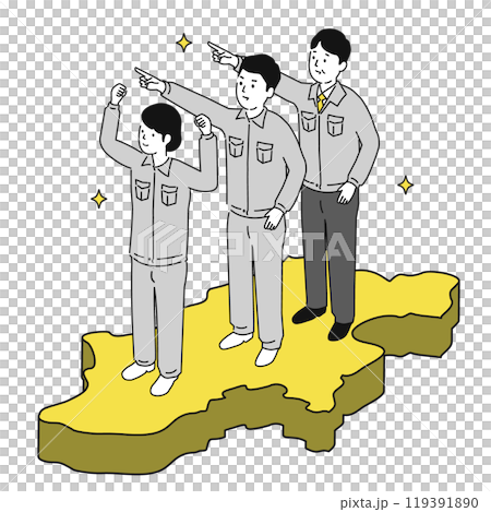 長野県で働くイメージイラスト、笑顔の作業服の男女 119391890