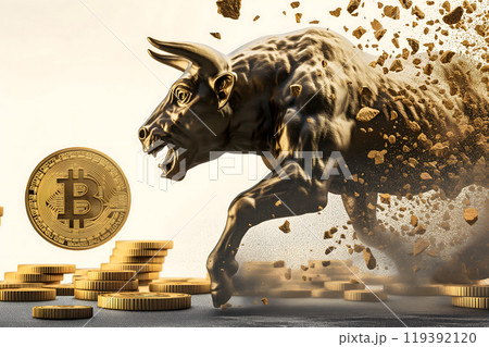 Running bull and bitcoin shiner for crypto bull run concept. 119392120