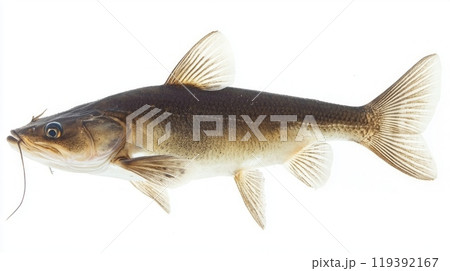 catfish belonging to the Siluriformes order is presented on a white background showcasing its features clearly for educational and identification needs. 119392167