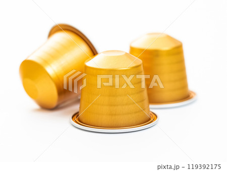 Coffee capsules pods for coffee machine on white background. Coffee capsules pods for coffee machine on white background. 119392175