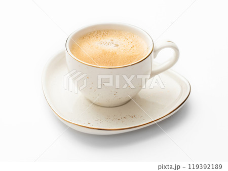Luxury porcelain cup with saucer of fresh creamy coffee on white background. 119392189