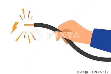Hand holding broken electrical cable with electric spark. Electric broken cable vector isolated on white background. 119392615