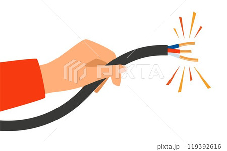 Hand holding broken electrical cable with electric spark. Electric broken cable vector isolated on white background. Hand holding broken electrical cable with electric spark. Electric broken cable vector isolated on white background. 119392616