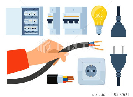 Essential Electrical Repair Tools for Professional Technician, Socket Maintenance Service. Electrician worker equipment for electric power system inspection. Electricity, energy concept. Vector. 119392621
