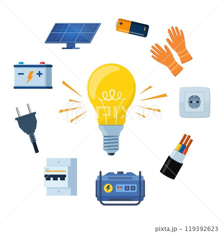 Essential Electrical Repair Tools for Professional Technician, Socket Maintenance Service. Electrician worker equipment for electric power system inspection. Electricity, energy concept. Vector. Essential Electrical Repair Tools for Professional Technician, Socket Maintenance Service. Electrician worker equipment for electric power system inspection. Electricity, energy concept. Vector. 119392623