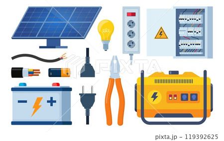 Essential Electrical Repair Tools for Professional Technician, Socket Maintenance Service. Electrician worker equipment for electric power system inspection. Electricity, energy concept. Vector. 119392625