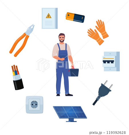 Essential Electrical Repair Tools for Professional Technician, Socket Maintenance Service. Electrician worker equipment for electric power system inspection. Electricity, energy concept. Vector. 119392628
