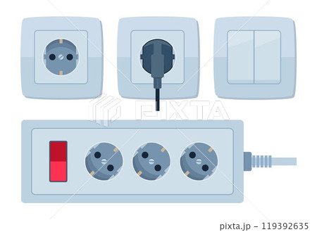 Vector realistic white switch and power socket for European type of electric equipment. Socket Extension cord. Electric Power outlet plug. Power strip. Vector illustration. Vector realistic white switch and power socket for European type of electric equipment. Socket Extension cord. Electric Power outlet plug. Power strip. Vector illustration. 119392635