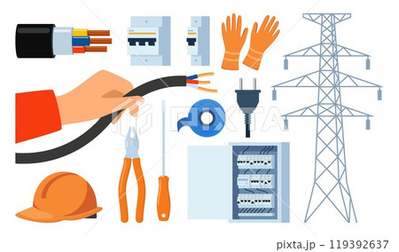 Essential Electrical Repair Tools for Professional Technician, Socket Maintenance Service. Electrician worker equipment for electric power system inspection. Electricity, energy concept. Vector. 119392637