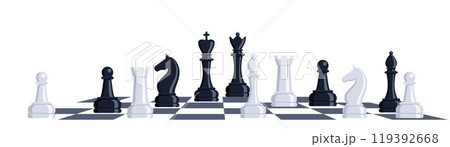 Chess pieces on chessboard. Playing chess. Sports and intellectual game, strategy. Queen, king, bishop, knight, rook, pawn. Vector illustration. 119392668