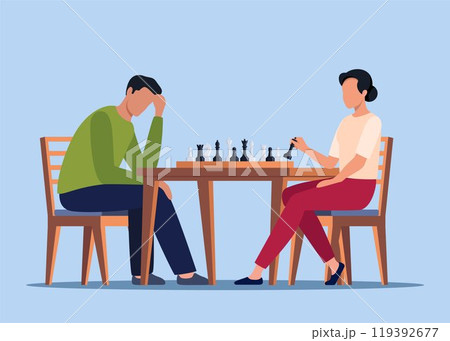 Man, woman playing chess at game board at table. Chessboard players competitors, two rivals at international tournament, competition, match. Vector illustration. 119392677