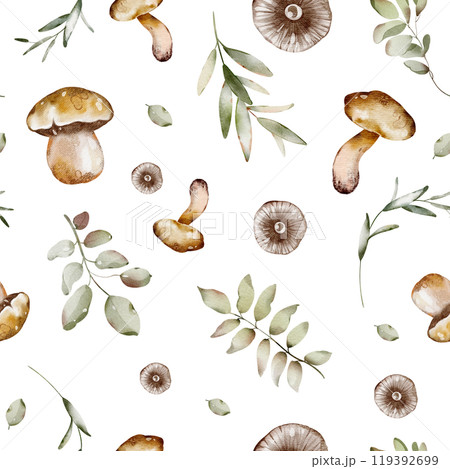 Watercolor Forest mushrooms Seamless Wallpaper. Hand drawn autumnal ornament with foliage on white background. Plant backdrop wrapping paper, pattern. Botanical fall print for textile. Watercolor Forest mushrooms Seamless Wallpaper. Hand drawn autumnal ornament with foliage on white background. Plant backdrop wrapping paper, pattern. Botanical fall print for textile. 119392699