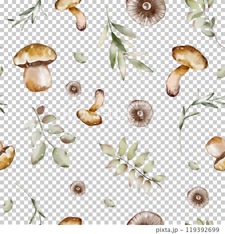 Watercolor Forest mushrooms Seamless Wallpaper. Hand drawn autumnal ornament with foliage on white background. Plant backdrop wrapping paper, pattern. Botanical fall print for textile. Watercolor Forest mushrooms Seamless Wallpaper. Hand drawn autumnal ornament with foliage on white background. Plant backdrop wrapping paper, pattern. Botanical fall print for textile. 119392699