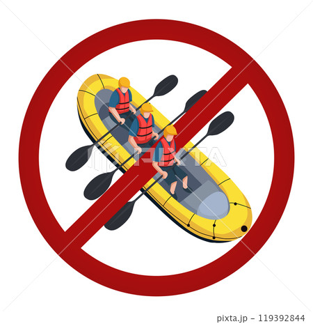 Vector forbidden sign of rafting isolated from background. Prohibited banner of active sport leisure in flat style. Danger of injury Vector forbidden sign of rafting isolated from background. Prohibited banner of active sport leisure in flat style. Danger of injury 119392844