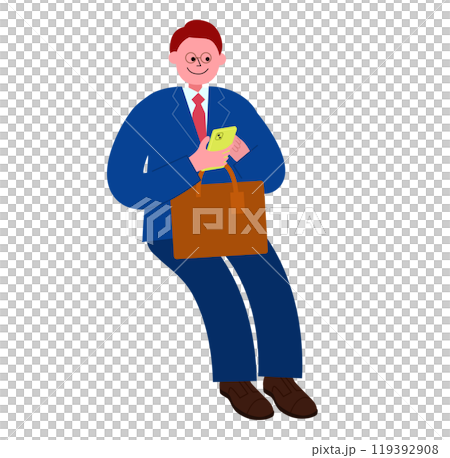 A full-body illustration of a man wearing a suit and glasses sitting and using his smartphone with his bag on his lap 119392908