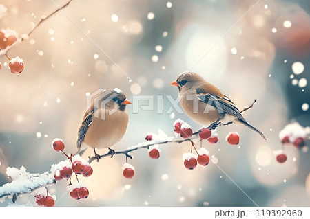 Two birds perched on a snowy branch with red berries in winter 119392960