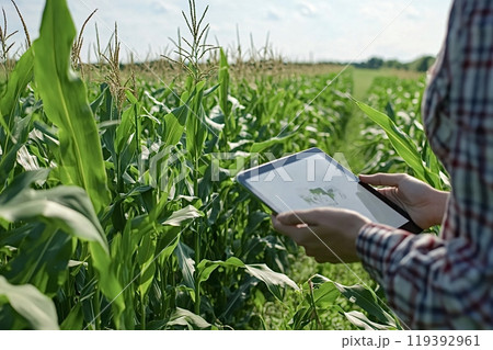 Female farmer using digital tablet in cornfield analyzing crops 119392961