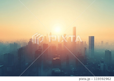 Sun shining through smog covering city skyline 119392962