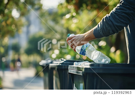 Man recycling plastic bottle in public park trash can 119392963