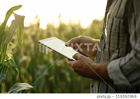 Farmer using digital tablet while standing in cornfield at sunset 119392969