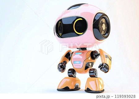 Pink and orange robot standing on white background with clipping path 119393028