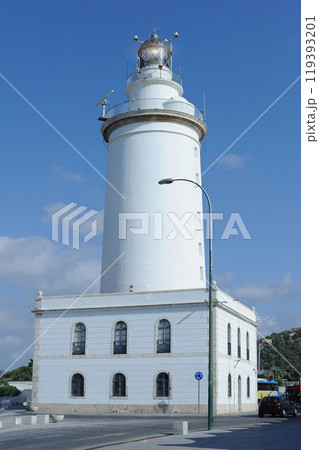 La Farola Lighthouse in Malaga Spain Under Clear Blue Sky La Farola Lighthouse in Malaga Spain Under Clear Blue Sky 119393201