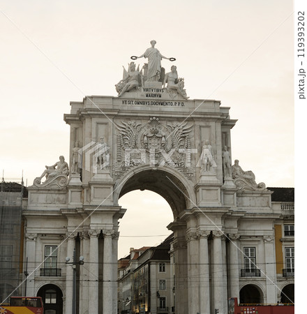 Rua Augusta Arch Monument in Lisbon, Portugal, Captured from Low Angle Under Cloudy Sky 119393202