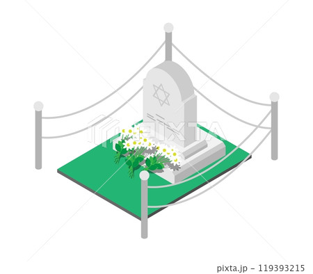 Isometric tombstone monument to mass casualties among Jewish people with bouquets of flowers flowers from caring compatriots. 3D vector isolated on white background 119393215