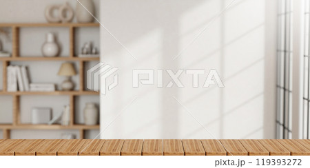 Minimalist Living Room with Wooden Shelves and Natural Light 3D Render Minimalist Living Room with Wooden Shelves and Natural Light 3D Render 119393272