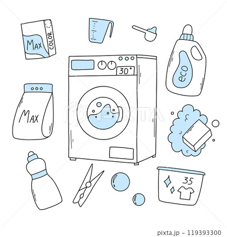 Set of laundry items in doodle style. Linear collection of laundry items. Vector illustration. Isolated elements on a white background. 119393300