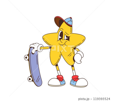 Cartoon retro groovy star character with skateboard. Isolated vector cheerful and confident anthropomorphic yellow twinkle star, cool and laid-back teenager personage wearing baseball cap and sneakers Cartoon retro groovy star character with skateboard. Isolated vector cheerful and confident anthropomorphic yellow twinkle star, cool and laid-back teenager personage wearing baseball cap and sneakers 119393524