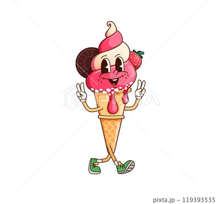 Playful cartoon groovy ice cream cone character with cheerful smile, cookie and strawberry topping. Cartoon vector funky summer dessert personage exudes happiness and sense of kids fun and enjoyment 119393535