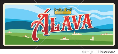 Alava Spain province retro travel plate. Spain region plate, european travel retro banner with royal crown, meadow scenery landscape with vintage home buildings, mountain view Alava Spain province retro travel plate. Spain region plate, european travel retro banner with royal crown, meadow scenery landscape with vintage home buildings, mountain view 119393562