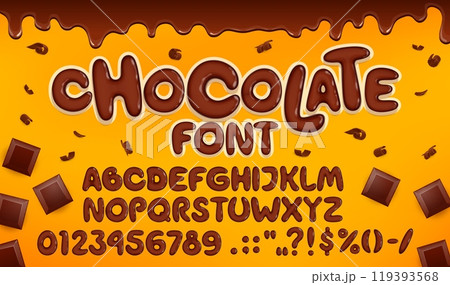 Candy type, chocolate font, brown choco typeface, tasty english alphabet letters and numbers made of melted dark chocolate dessert. Vector typography font with cocoa candy bars and choco curls 119393568