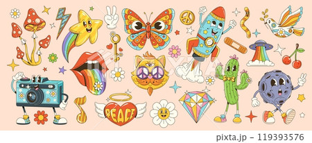 Cartoon retro hippie groovy characters. Funny daisy flower, psychedelic mushroom and rainbow butterfly vector personages. Cute cat with hippy peace symbol sunglasses, vintage camera, rocket and heart 119393576