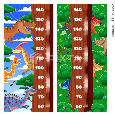 Kids height chart ruler with funny prehistoric dinosaurs. Vector growth meter with cartoon funny dino animal characters in tropical jungle forest. Wall sticker scale for children height measurement 119393592