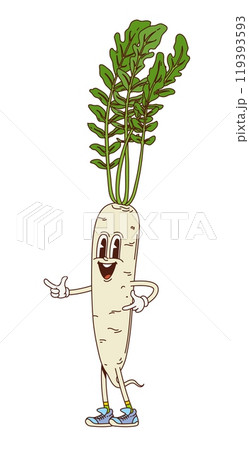 Groovy daikon vegetable retro character with big, expressive eyes and a friendly smile flashing a funky pointing hand gestures. Isolated cartoon vector radish, farm food personage exudes playful vibes 119393593