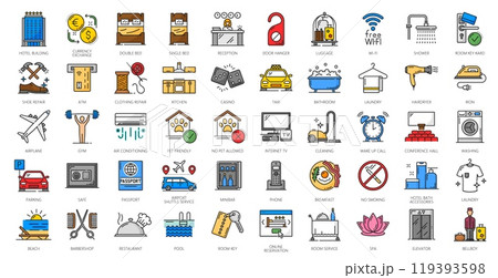 Hotel service color line icons of travel, vacation and tourism. Vector hotel building, room service, restaurant, bar and reception outline symbols of breakfast, pool, bath and shower, key and passport 119393598
