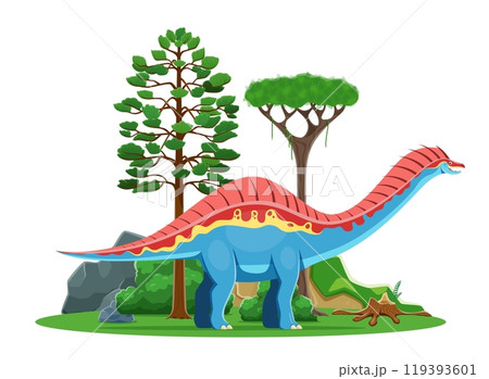 Amargasaurus cartoon prehistoric dinosaur character. Isolated vector colorful herbivore dino with red and blue coloration and spiked back in a lush, vibrant landscape with tall trees and rocky terrain 119393601