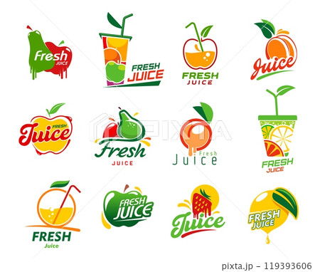 Fresh juice icons, fruit drink and smoothie beverage labels. Vector orange, lemon and lime, apple, strawberry, peach and pear fruits symbols with juice splashes and drops, cups with straws and leaves Fresh juice icons, fruit drink and smoothie beverage labels. Vector orange, lemon and lime, apple, strawberry, peach and pear fruits symbols with juice splashes and drops, cups with straws and leaves 119393606