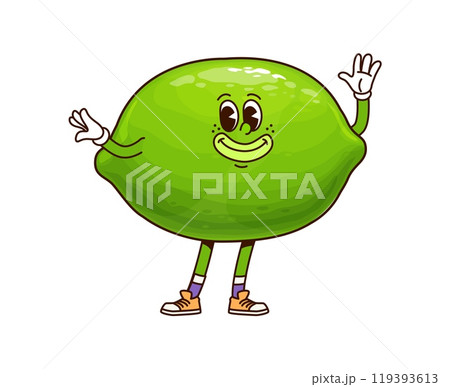 Groovy tropical lime fruit character with a bright smile and playful expression. Isolated cartoon vector cheerful citrus fruit personage evokes feelings of happiness, promotes healthy vitamin foods Groovy tropical lime fruit character with a bright smile and playful expression. Isolated cartoon vector cheerful citrus fruit personage evokes feelings of happiness, promotes healthy vitamin foods 119393613