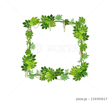Tropical jungle frame with forest liana branch and leaves. Cartoon vector decorative square border made of lush exotic foliage and entwined vines for nature-inspired game menu or photo portrait 119393617