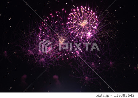 Fireworks on the dark sky background at festival. 119393642