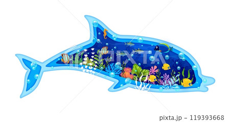 Dolphin silhouette with underwater landscape. 3d vector paper cut frame in shape of playful ocean animal body with serene aquatic vegetation, seaweeds, bubbles and fish shoal in blue sea water depth 119393668