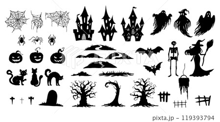 Different Halloween silhouette elements. Black and white shapes illustration. Hand drawn graphic clip art. Line sketch of ghosts with witch and skeleton for creepy holiday decor. Simple Doodle style. Different Halloween silhouette elements. Black and white shapes illustration. Hand drawn graphic clip art. Line sketch of ghosts with witch and skeleton for creepy holiday decor. Simple Doodle style. 119393794