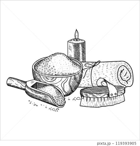 Spa composition with towel, brush, mortar with salt, candle. Hand drawn vector illustration 119393905